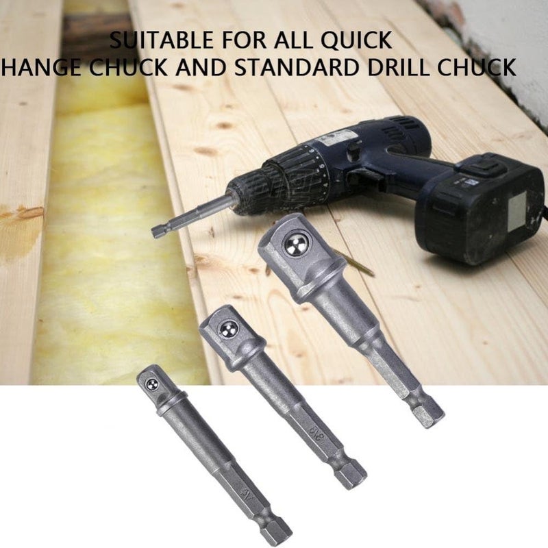 woobles Socket Bit Adapter, 3Pcs Socket Adapter 1/4” Hex Shank to 1/4" 3/8" 1/2" Square Head Drill Bit Driver(Silver) - Image 2